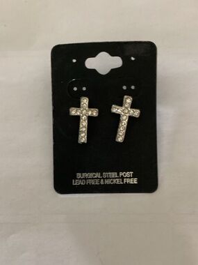 Crystal Cross Stud Earrings - Silver Tone